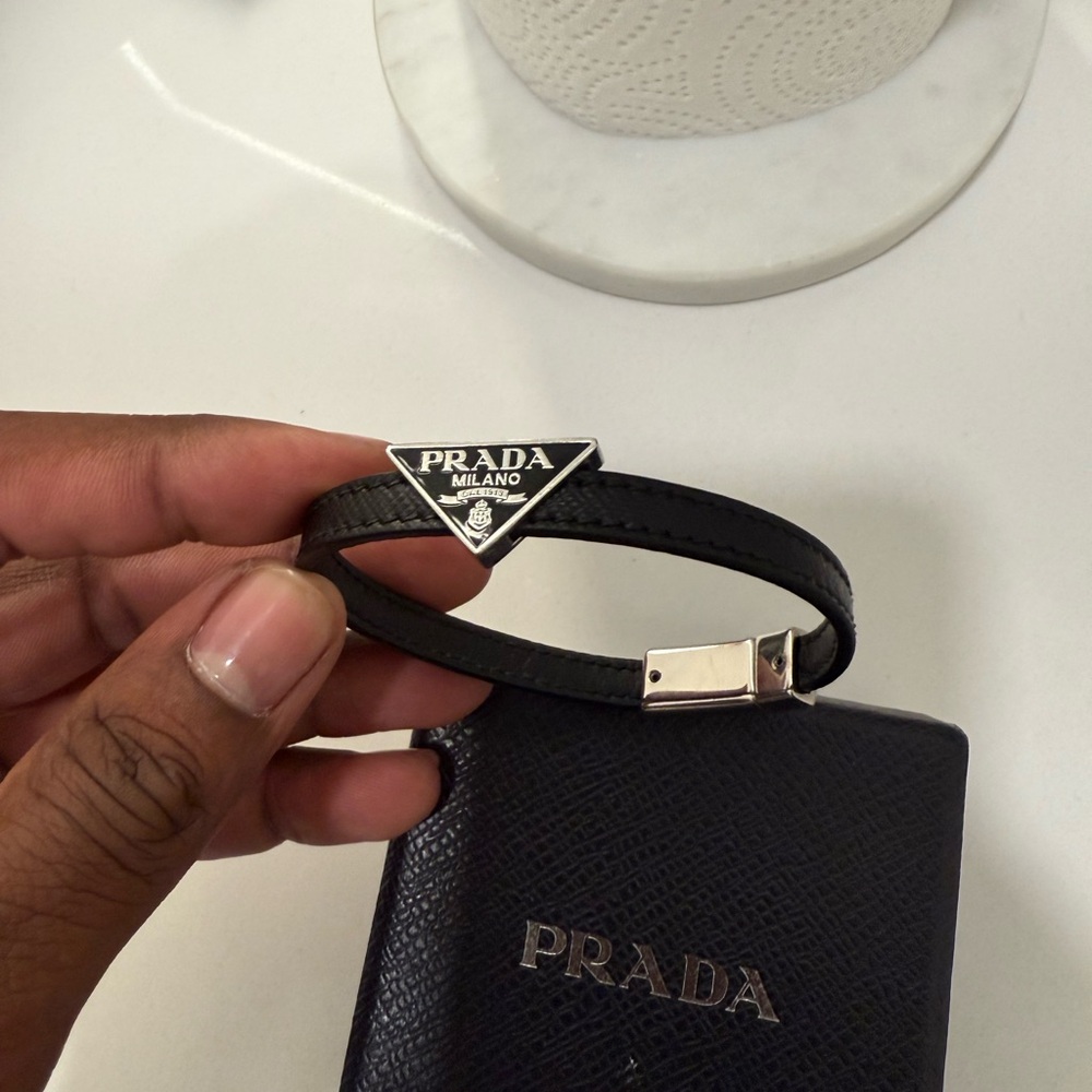 Prada Black Leather Men's Bracelet with Silver Clasp